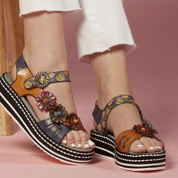 L'Artiste Spring Step Laga Leather Floral Ornament Platform Sandal Open Toe - Picture 3 of 15